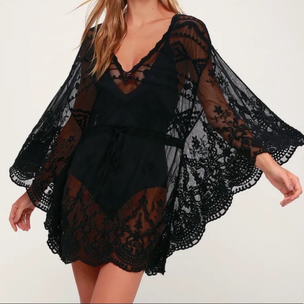 NWT Lulus Black Crochet Lace Sheer Swim Cover-Up Kimono Dress OS - Picture 3 of 4